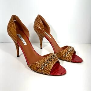 Oscar de la Renta Red and Tan Croc Heels